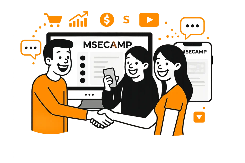 MSECAMP topluluğunda e-ticaret girişimcilerinin buluştuğu, destek aldığı ve birlikte büyüdüğü dijital platform görseli.